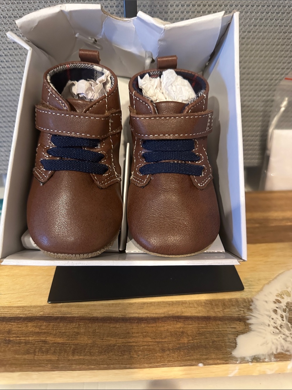 Robeez Brown Faux-Leather Baby Walkers with Navy Laces